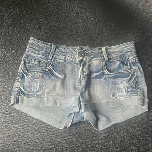Bongo Womens 5 Denim Shorts Low Rise Distressed Studded Cuffed Y2K Boho Festival